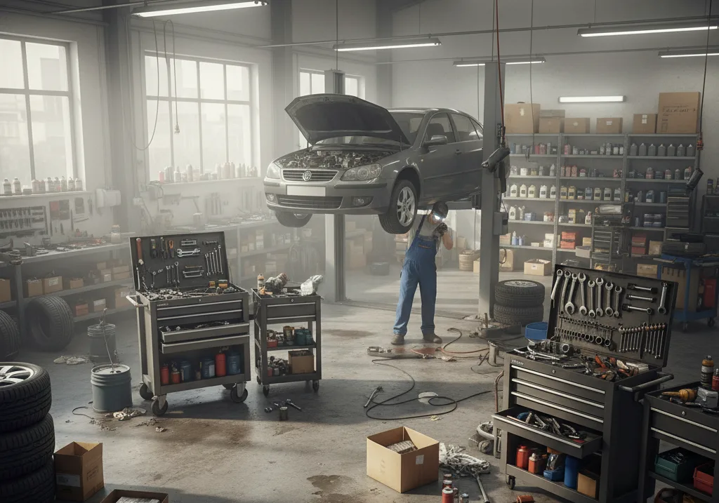 Atelier d'entretien automobile avec outils et pièces détachées